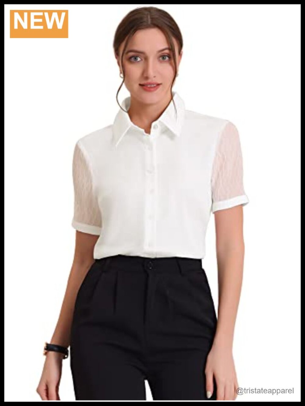 Allegra K Women Sheer Short Sleeve Point Collar Button Down Work Blouse